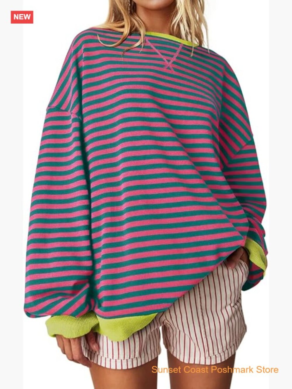 Oversized Striped Crewneck Sweatshirt Long Sleeve Color Block Pullover Casual